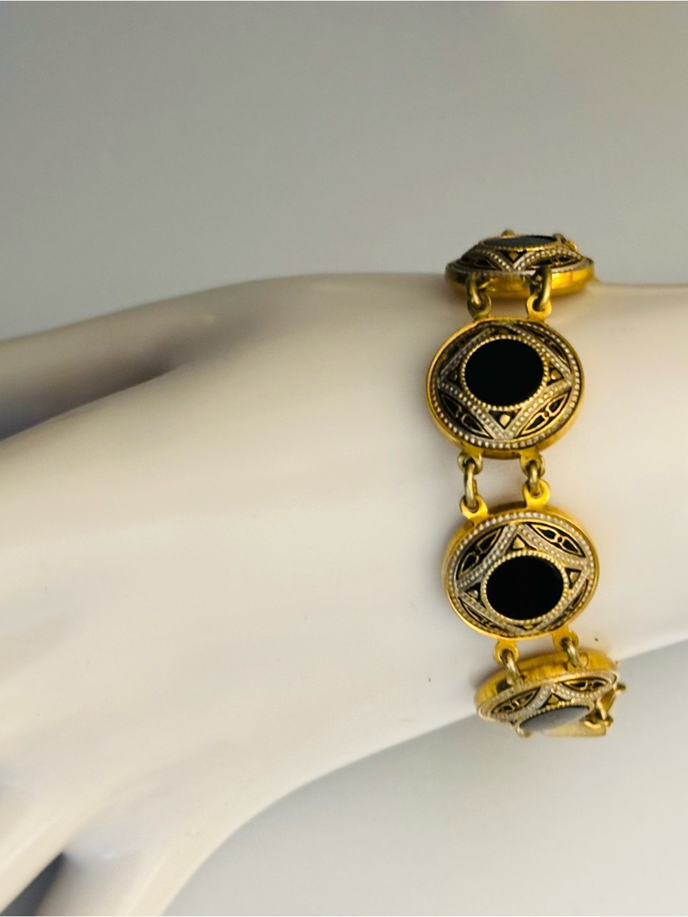 Vintage-Inspired Gold and Black Medallion Link Bracelet